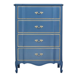 1970's French Provincial Blue Highboy of Four Drawers For Sale