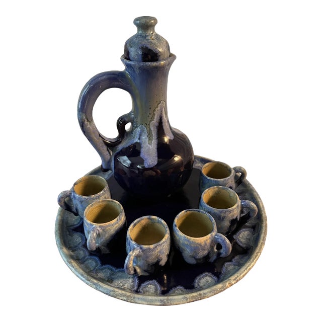 Vintage 1930s Studio Art Pottery Pitcher With Stopper, Six Cups and Serving Tray Signed by Emile Mousseux for Marlotte- 9 Pieces For Sale