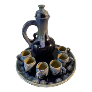 Vintage 1930s Studio Art Pottery Pitcher With Stopper, Six Cups and Serving Tray Signed by Emile Mousseux for Marlotte- 9 Pieces