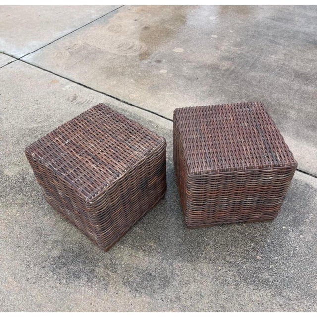 Late 20th Century Gervasoni Italy Woven Pencil Reed Cube Cubist Side Tables or Ottoman, a Pair For Sale - Image 5 of 9
