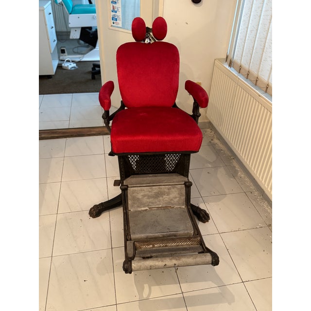 1920s Barber Chair with Red Upholstery and Adjustable Footrest For Sale - Image 5 of 9