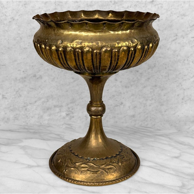 Victorian Vintage Traditional Brass Repousse Footed Bowl Centerpiece Compote For Sale - Image 3 of 9