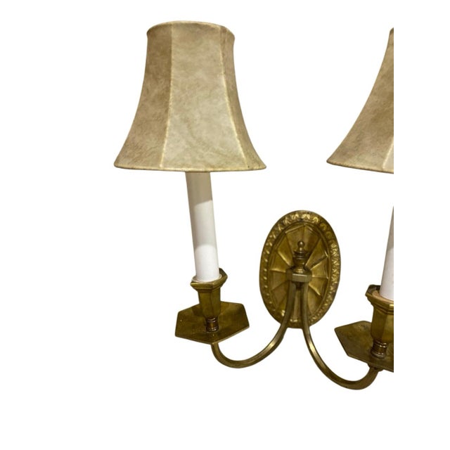 19th Century Vintage Classic Leather Shades Bronze 2-Light Plug in Wall Sconce For Sale - Image 5 of 7