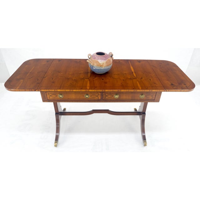 Wood Yew Wood Drop Leaves Two Drawers Low Profile Brass Feet Desk Console Table MINT For Sale - Image 7 of 18