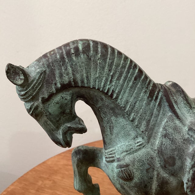 Early 20th Century Tang Dynasty-Style War Horse Metal Sculpture on Pedestal, Artist Signed For Sale - Image 4 of 12