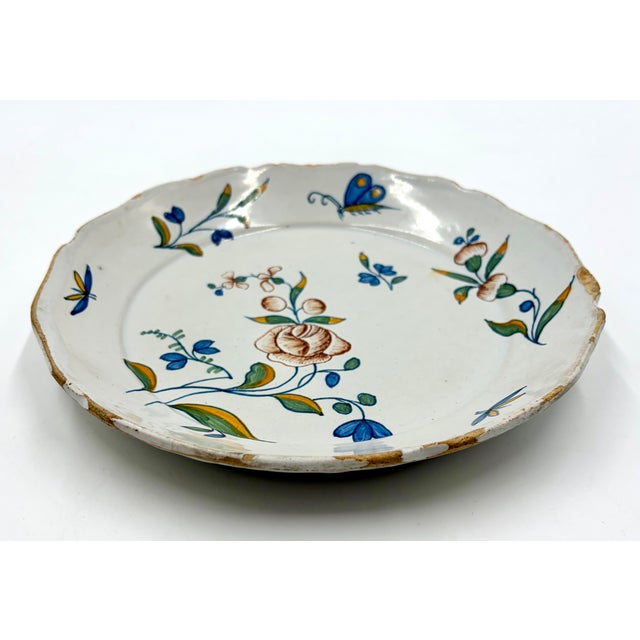 Antique 18th Century French Faience Floral & Butterfly Plate For Sale - Image 4 of 6