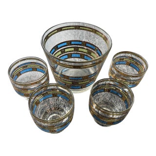 1960s Mid-Century Modern Culver Empress Footed Whiskey Rocks Glasses & Ice Bucket - Set of 5 For Sale