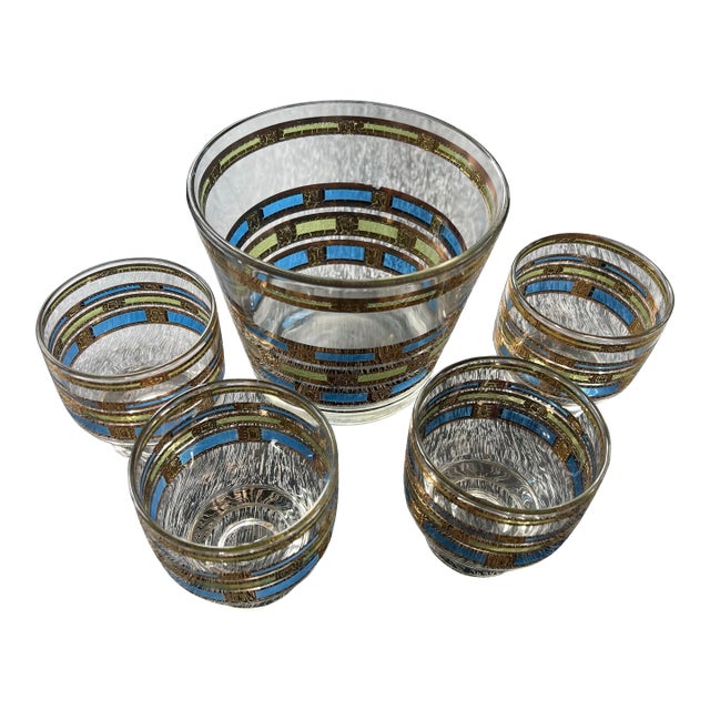 1960s Mid-Century Modern Culver Empress Footed Whiskey Rocks Glasses & Ice Bucket - Set of 5 For Sale