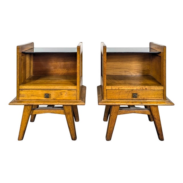 Bedside Tables in Oak and Opaline, 1940s, Set of 2 For Sale