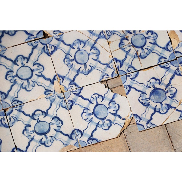 Antique 18th Century Portuguese Blue & White Tiles Set of 61 With Repeating Floral-Geometric Pattern For Sale - Image 15 of 18