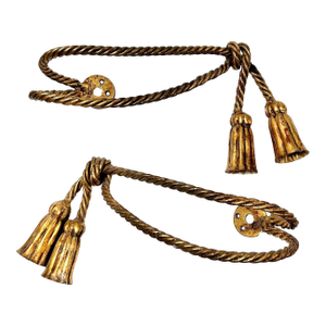 Pair of Vintage Italian Gilt Rope Curtain Tiebacks With Tassels – Hollywood Regency Drapery Hardware, Window Decor