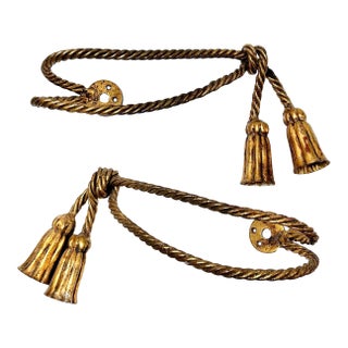 Pair of Vintage Italian Gilt Rope Curtain Tiebacks With Tassels, Hollywood Regency Style For Sale