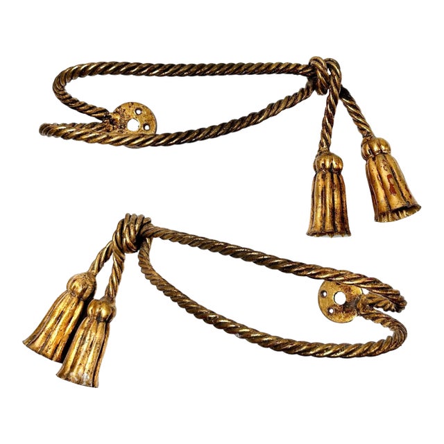 Pair of Vintage Italian Gilt Rope Curtain Tiebacks With Tassels, Hollywood Regency Style For Sale