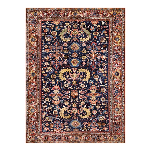 Striking Navy Blue and Red Color With Lancet Leaves, Palmette Design Antique Heriz Rug For Sale