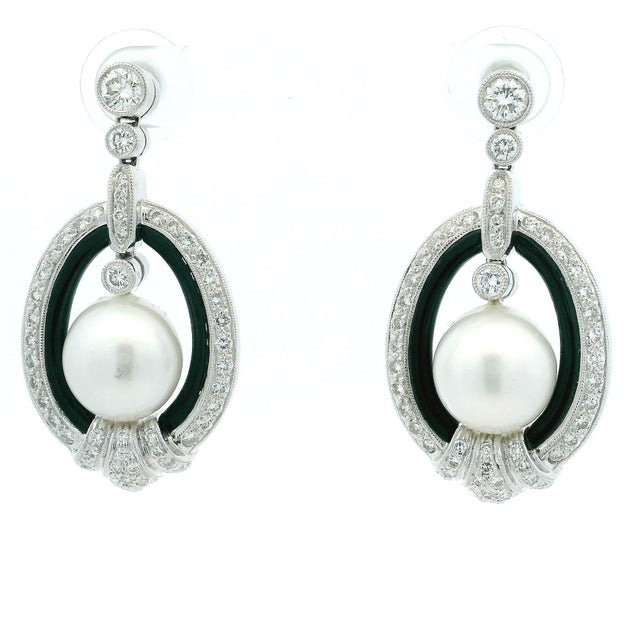 Vintage 18k White Gold South Sea Pearl, Onyx and 5 Carat Diamond Earrings, Pair For Sale In Miami - Image 6 of 10