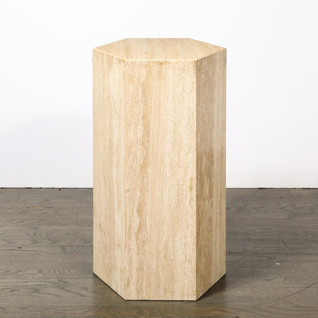 Pair of Mid-Century Modernist Hexagonal Travertine Pedestals For Sale - Image 4 of 18