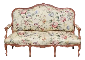 Early 20th Century French Louis XV Style Carved Sofa Red Painted Frame Chintz Floral Fabric