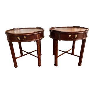 1980s Baker Furniture Chippendale Fretwork Carved Mahogany Side Tables For Sale