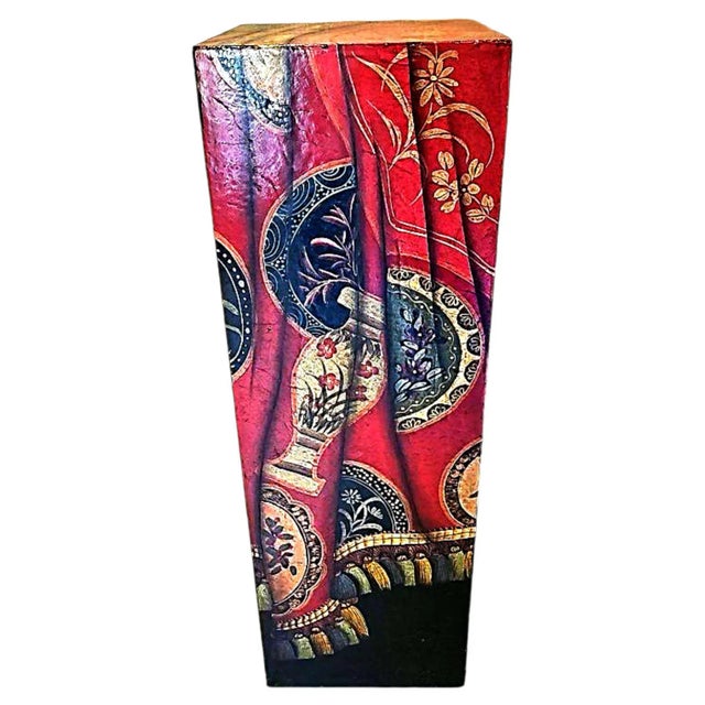 Two handsome rectangular wooden display pedestals painted in a decorative trompe-l'œil Asian inspired draped tapestry...
