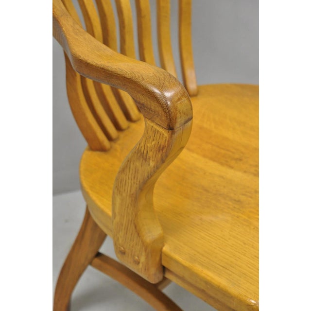 Early 20th Century Traditional Antique Solid Golden Oak Wood Office Library Bankers Arm Chair For Sale - Image 10 of 16
