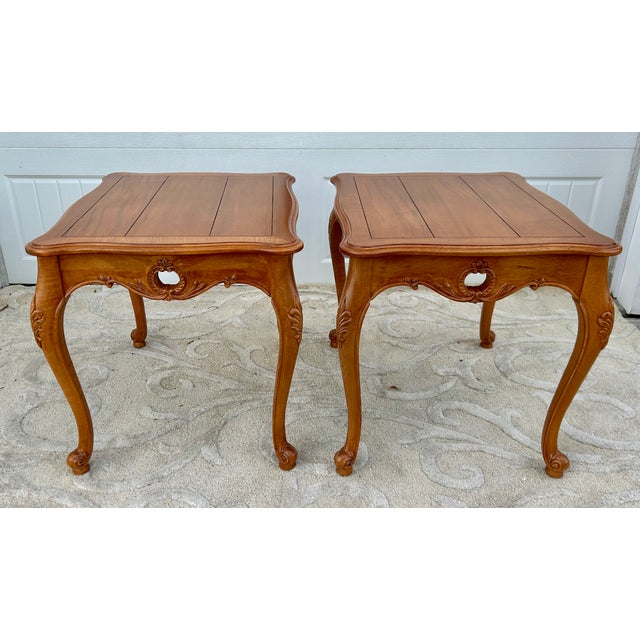 Brown Vintage Pair of Ethan Allen Country French Syle Carved Side Tables For Sale - Image 8 of 15