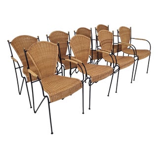 Vintage Wicker and Iron Armchairs by Frederic Weinberg, 1950s, Set of 8 For Sale