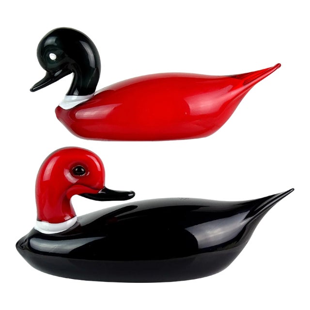 Murano Vintage Red Black White Italian Art Glass Male Female Decoy Duck Bird Sculptures - A Pair For Sale
