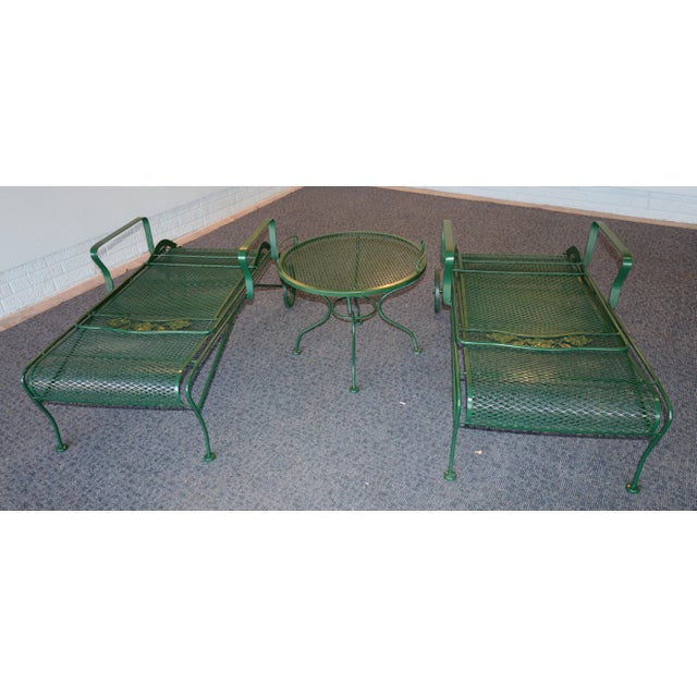Mid 20th Century Attributed to Russell Woodard Wrought Iron Chaise Loungers With Removable Service Table For Sale - Image 9 of 13