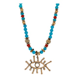 Guardian Evil Eye Pendant Turquoise Stone Beaded Necklace For Sale