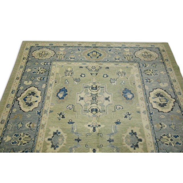 Early 21st Century Green & Blue Floral Design Handwoven Wool Turkish Oushak Rug 6'2" X 8'2" For Sale - Image 4 of 8