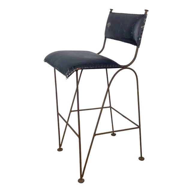 Vintage Studio-Made Sculptural Iron Counter Stool With Black Leather Seat For Sale