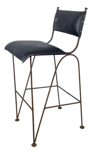 Vintage Studio-Made Sculptural Iron Counter Stool With Black Leather Seat