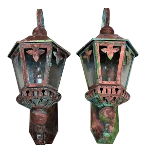 Vintage Brass and Copper Wall Hanging Lanterns - Set of 2