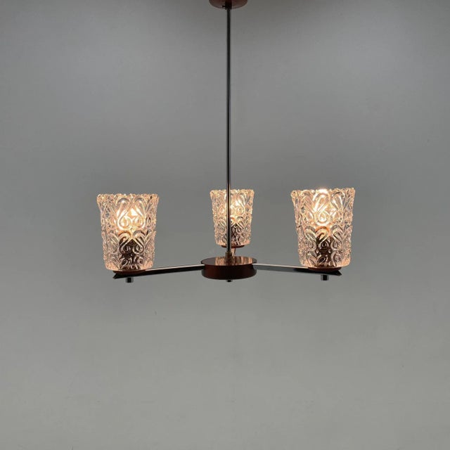 Mid-century chrome, glass and metal small chandelier. Made in former Czechoslovakia in the 1970's. Up to 250V (Europe/UK...