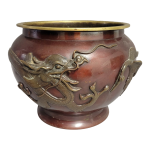 Japanese Meiji Bronze Jardinière With Applied Dragon & Descending Crane, c.1900