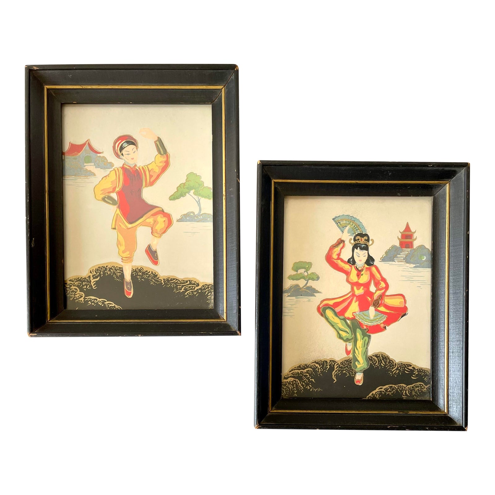 Vintage Dancing Asian Lithograph - a Pair | Chairish