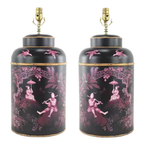 A Pair of Vintage English Export Tea Cans Hand-Painted Chinoiserie Figurine Table Lamps.