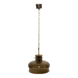 Carl Fagerlund “Neptune” Smoked Glass & Brass Pendant for Orrefors, Sweden, C. 1970 For Sale