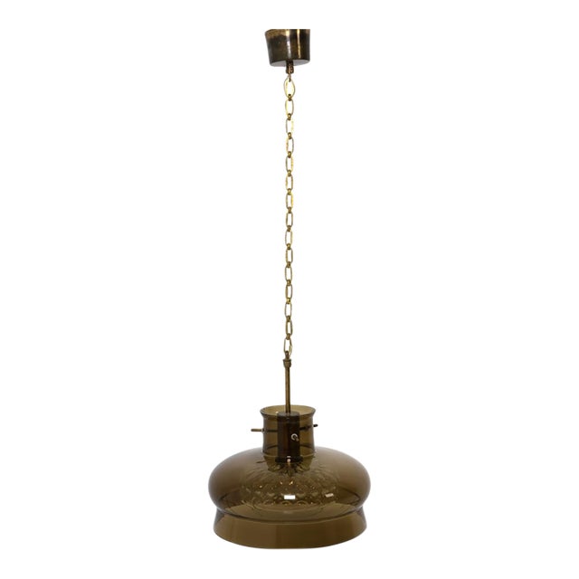 Carl Fagerlund “Neptune” Smoked Glass & Brass Pendant for Orrefors, Sweden, C. 1970 For Sale