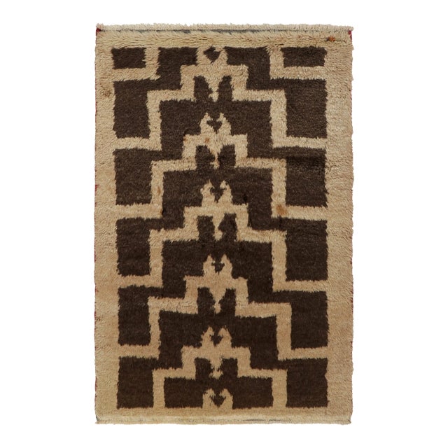 1950s Vintage Tulu Tribal Rug in Brown & Beige Geometric Pattern, Shag Pile For Sale