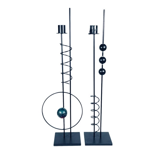 Vintage 90s Rick Martin PostModern Post Modern Pair Memphis Industrial Space Age Candle Holders Signed Dated For Sale