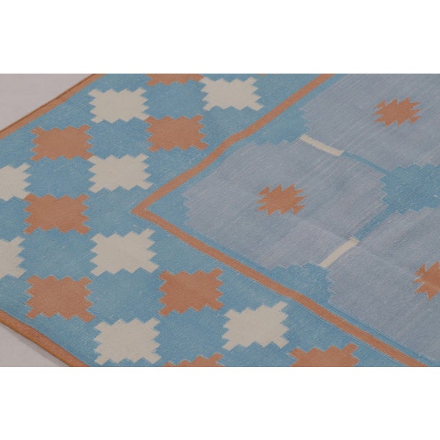 2010s Rug & Kilim’s Contemporary Dhurrie Rug in Blue and Rust Tile Design For Sale - Image 5 of 10