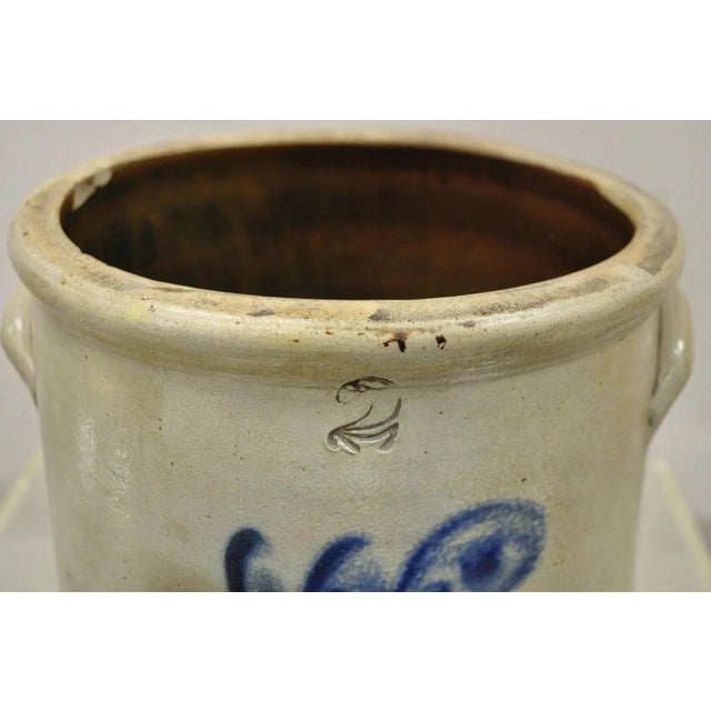 Traditional Antique Stoneware Two Gallon Crock With Cobalt Blue Slip Trailed Floral Design For Sale - Image 3 of 10