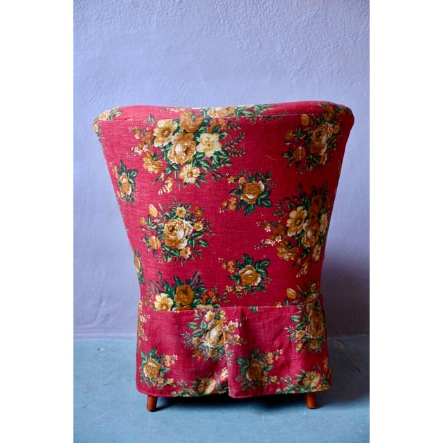 Cocktail Armchair with Red Floral Fabric and Compass Legs For Sale - Image 11 of 14