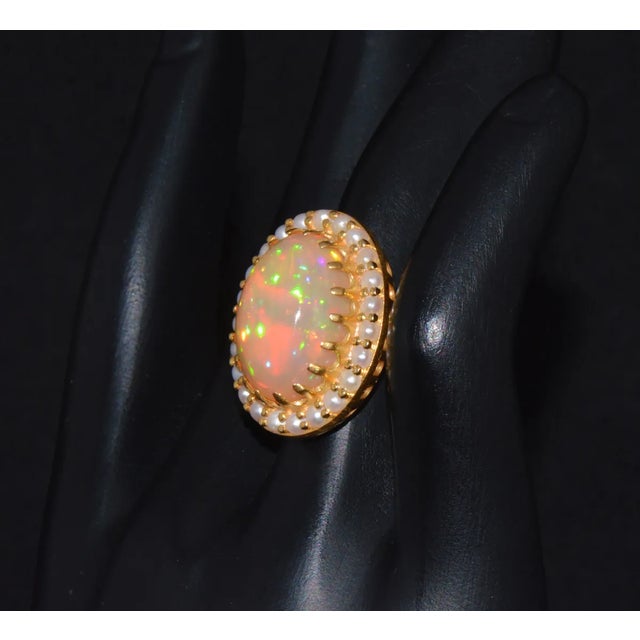 Early 21st Century Certified Natural 13.78Cts Seed Pearl Opal Cocktail Halo Brushed 18K Solid Gold Ring, size 6.75 For Sale - Image 5 of 10