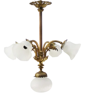 Art Nouveau Brass and Satin Glass Four-Flame Chandelier