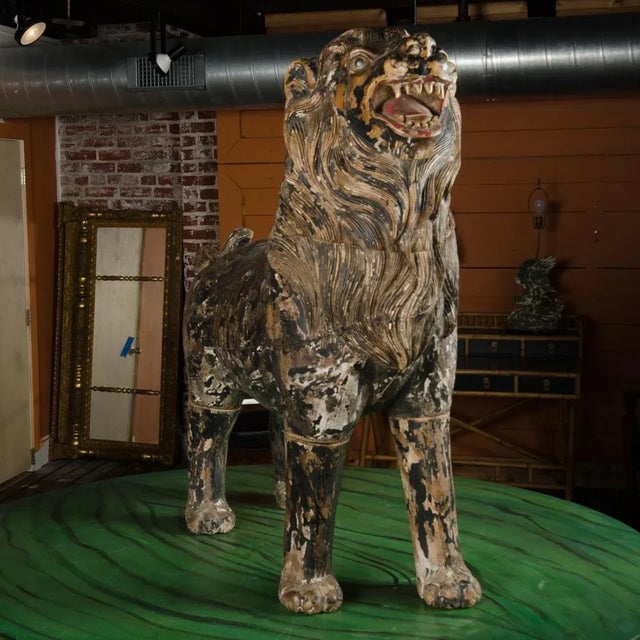19th Century Asian Life Sized Polychromed Lion Head Wooden Statues - Set of 2 For Sale - Image 9 of 13