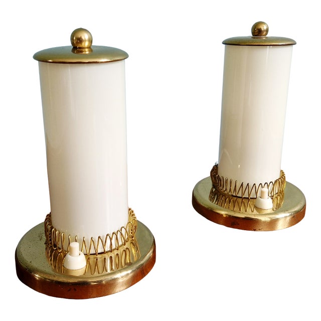 Mid-Century Modern Bedside Lamps in Brass and Cream Opaline Glass, 1950, Set of 2 For Sale