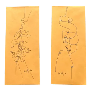 Contemporary 2 Abstract Wayne Cunningham Pen & Ink Drawings on Vintage Envelopes- Set of 2
