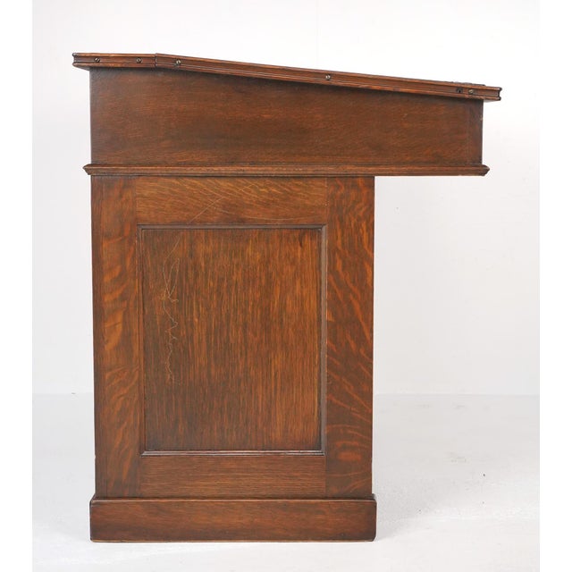 Antique Black Leather Top Oak Slanted Writing Desk For Sale - Image 12 of 16